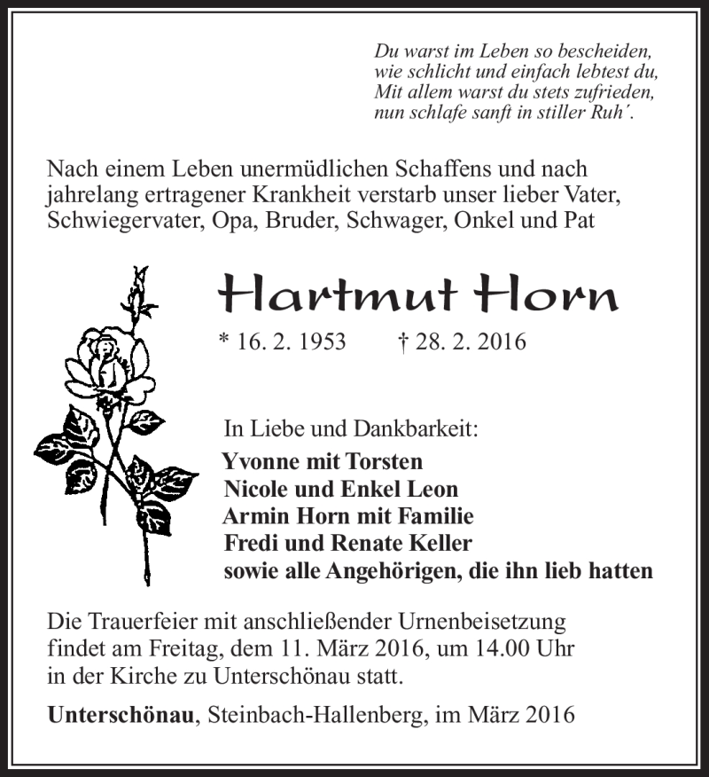 Traueranzeige für Hartmut Horn vom 04.03.2016 aus Südthüringer Presse