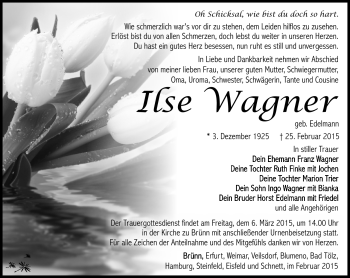 Traueranzeige von Ilse Wagner von Südthüringer Presse