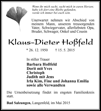 Traueranzeige von Klaus-Dieter Hoßfeld von Südthüringer Presse