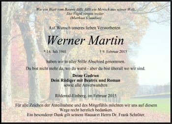 Traueranzeige von Werner Martin von Neue Presse Coburg