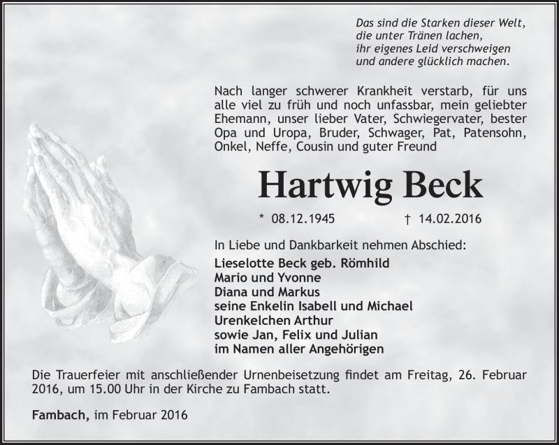  Traueranzeige für Hartwig Beck vom 23.02.2016 aus Südthüringer Presse
