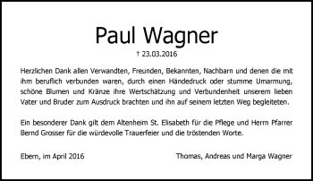 Traueranzeige von Paul Wagner von Neue Presse Coburg