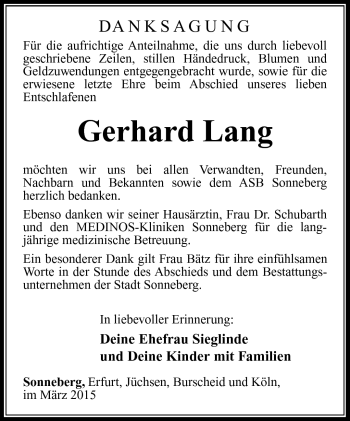 Traueranzeige von Gerhard Lang von Südthüringer Presse