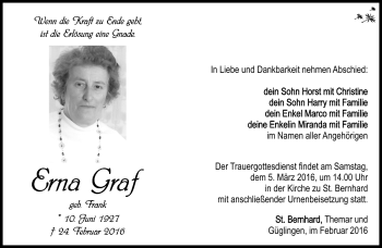 Traueranzeige von Erna Graf von Südthüringer Presse