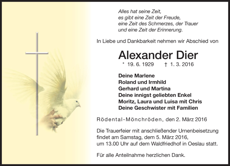  Traueranzeige für Alexander Dier vom 02.03.2016 aus Neue Presse Coburg