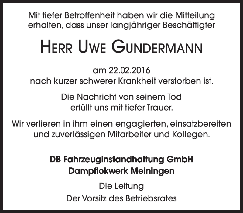  Traueranzeige für Uwe Gundermann vom 03.03.2016 aus Südthüringer Presse