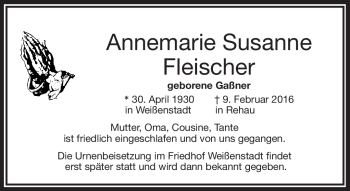 Traueranzeige von Annemarie Susanne Fleischer von Frankenpost