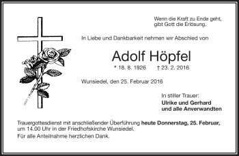 Traueranzeige von Adolf Höpfel von Frankenpost