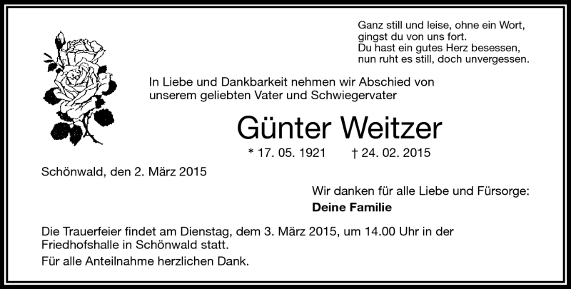  Traueranzeige für Günter Weitzer vom 02.03.2015 aus Frankenpost