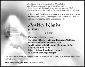 Traueranzeige von Anita Klein von Südthüringer Presse