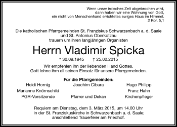 Traueranzeige von Vladimir Spicka von Frankenpost