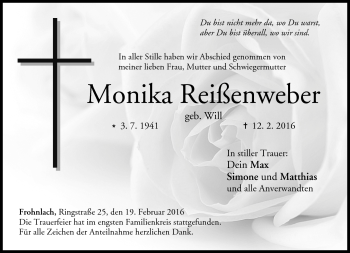Traueranzeige von Monika Reißenweder von Neue Presse Coburg