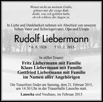 Traueranzeige von Rudolf Liebermann von Südthüringer Presse