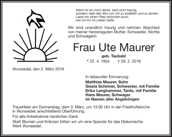 Traueranzeige von Ute Maurer von Frankenpost