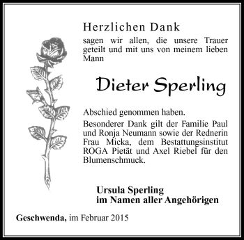 Traueranzeige von Dieter Sperling von Südthüringer Presse