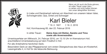 Traueranzeige von Karl Bieler von Frankenpost