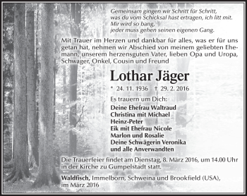 Traueranzeige von Lother Jäger von Südthüringer Presse