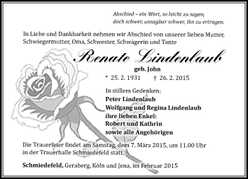Traueranzeige von renate Lindenlaub von Südthüringer Presse