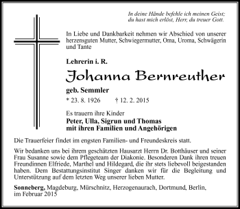 Traueranzeige von Johanna Bernreuther von Südthüringer Presse