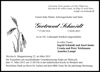 Traueranzeige von Gertraud Schmidt von Neue Presse Coburg