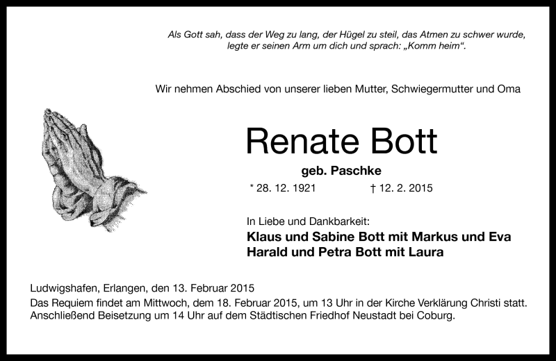  Traueranzeige für Renate Bott vom 14.02.2015 aus Neue Presse Coburg