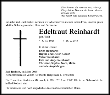 Traueranzeige von Edeltraut Reinhardt von Neue Presse Coburg