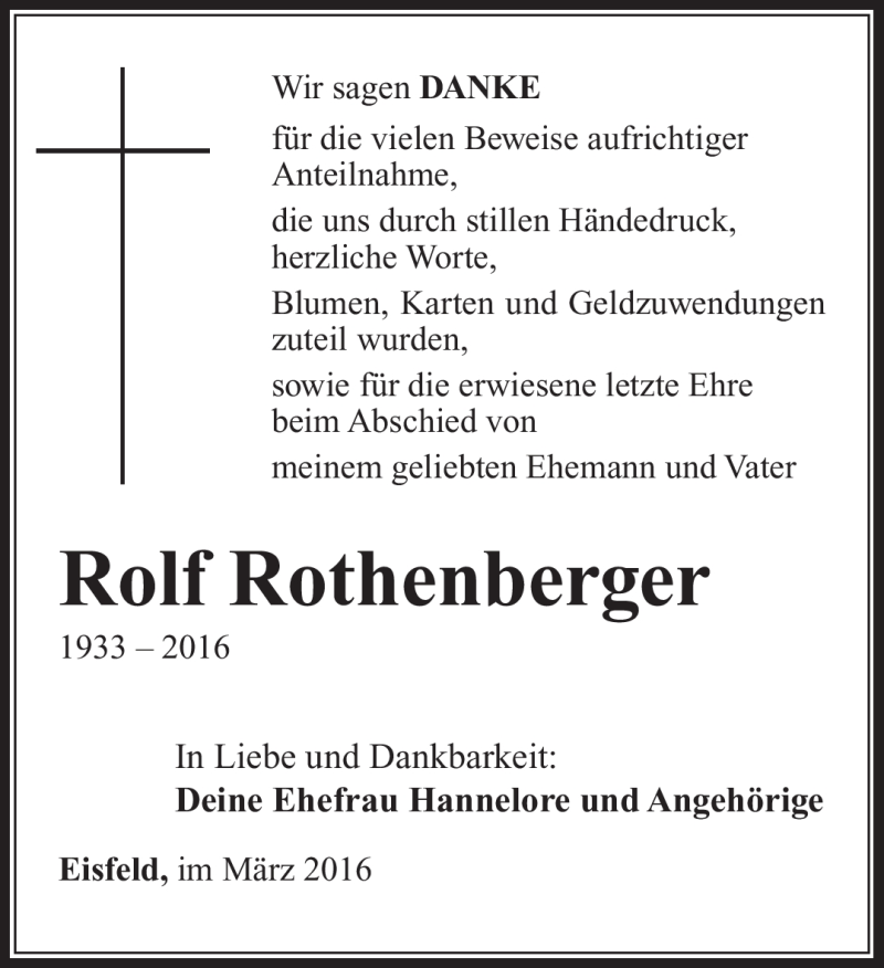  Traueranzeige für Rolf Rothenberger vom 12.03.2016 aus Südthüringer Presse