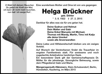 Traueranzeige von Helga Brückner von Südthüringer Presse