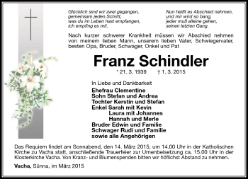 Traueranzeige von Franz Schindler von Südthüringer Presse