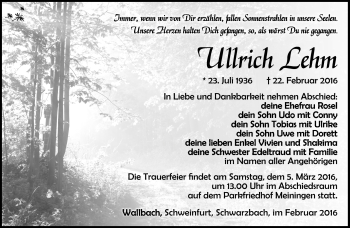 Traueranzeige von Ullrich Lehm von Südthüringer Presse