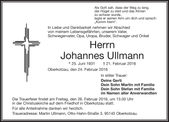 Traueranzeige von Johannes Ullmann von Frankenpost
