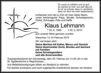Traueranzeige von Klaus Lehmann von Frankenpost