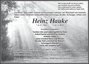 Traueranzeige von Heinz Hauke von Südthüringer Presse