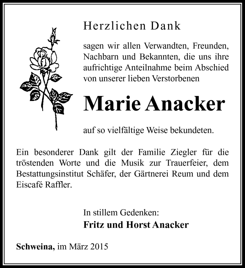  Traueranzeige für Marie Anacker vom 12.03.2015 aus Südthüringer Presse