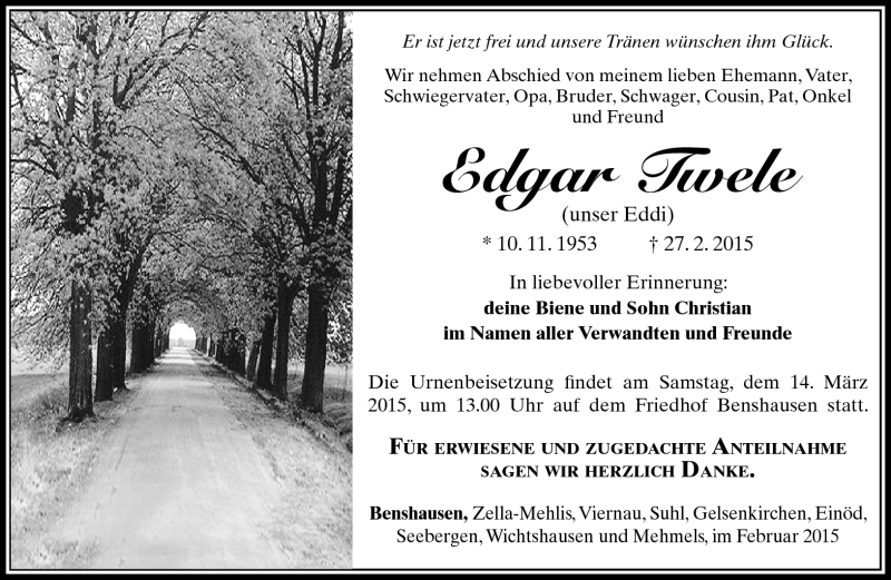  Traueranzeige für Edgar Twele vom 06.03.2015 aus Südthüringer Presse