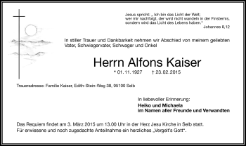 Traueranzeige von Alfons Kaiser von Frankenpost