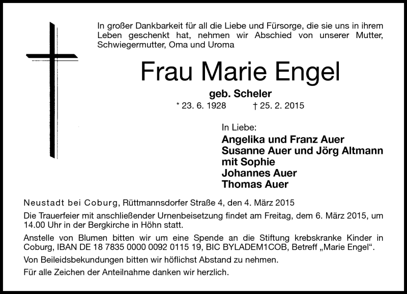  Traueranzeige für Marie Engel vom 04.03.2015 aus Neue Presse Coburg