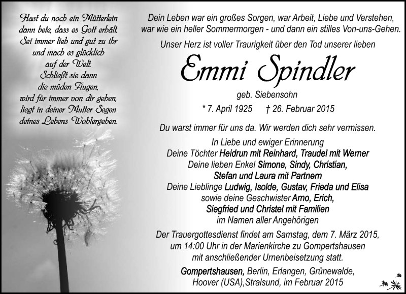  Traueranzeige für Emmi Spindler vom 04.03.2015 aus Südthüringer Presse