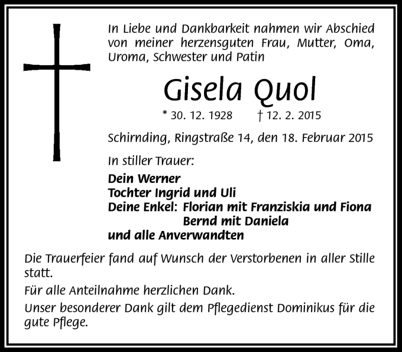  Traueranzeige für Gisela Quol vom 18.02.2015 aus Frankenpost