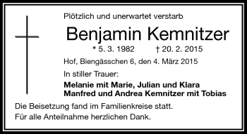 Traueranzeige von Benjamin Kemnitzer von Frankenpost
