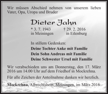 Traueranzeige von Dieter Jahn von Südthüringer Presse