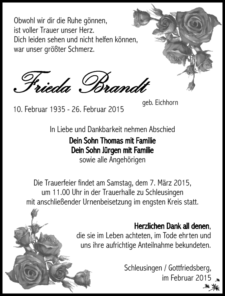  Traueranzeige für Frieda Brandt vom 04.03.2015 aus Südthüringer Presse