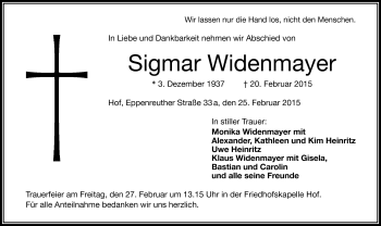 Traueranzeige von Sigmar Widenmayer von Frankenpost