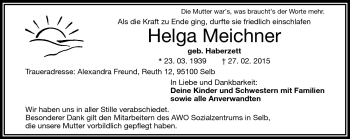 Traueranzeige von Helga Meichner von Frankenpost