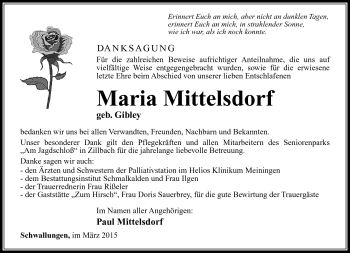 Traueranzeige von Maria Mittelsdorf von Südthüringer Presse
