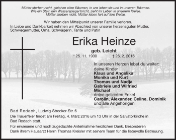Traueranzeige von Erika Heinz von Neue Presse Coburg