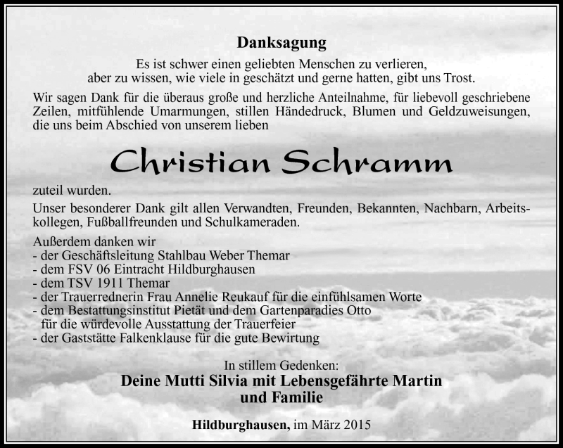  Traueranzeige für Christian Schramm vom 21.03.2015 aus Südthüringer Presse