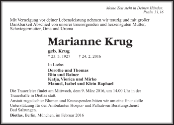 Traueranzeige von Marianne Krug von Südthüringer Presse