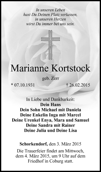 Traueranzeige von Marianne Kortstock von Neue Presse Coburg