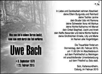 Traueranzeige von Uwe Bach von Südthüringer Presse